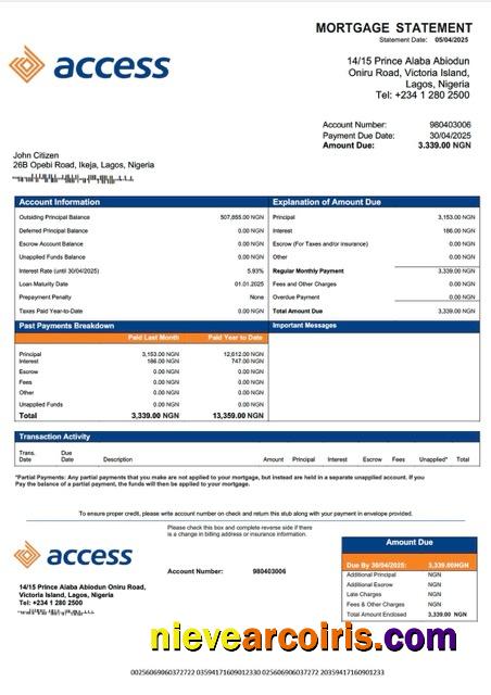 Nigeria Access Bank mortgage statement Word and PDF template